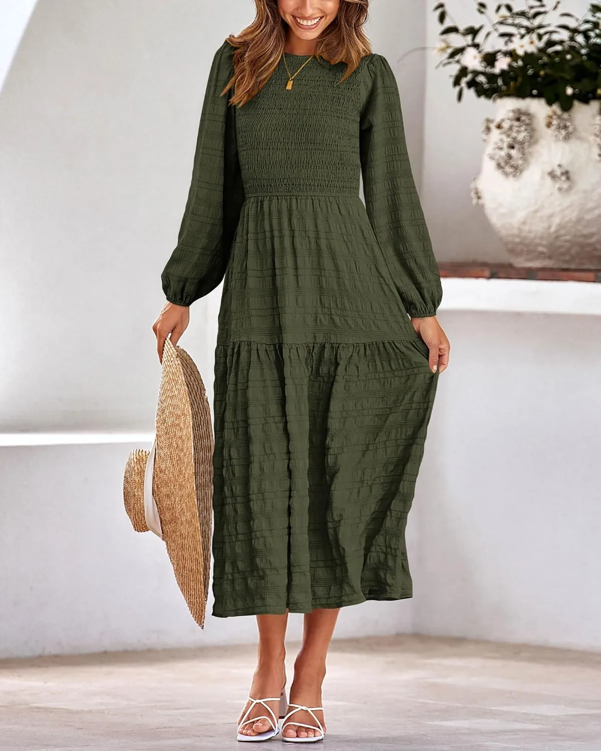 dowerme Women's Dresses 2025 Fall Puff Long Sleeve Crewneck Smocked Tiered Flowy A-Line Boho Wedding Party Maxi Dress