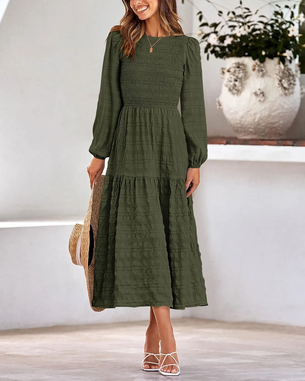 dowerme Women's Dresses 2025 Fall Puff Long Sleeve Crewneck Smocked Tiered Flowy A-Line Boho Wedding Party Maxi Dress