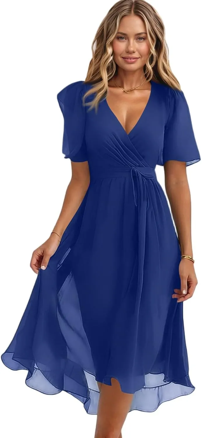 Dresses for Women 2025 Elegant Classy Boho Floral V Neck Belted Summer Sundress Wedding Guest Prom Cocktail Midi Dress