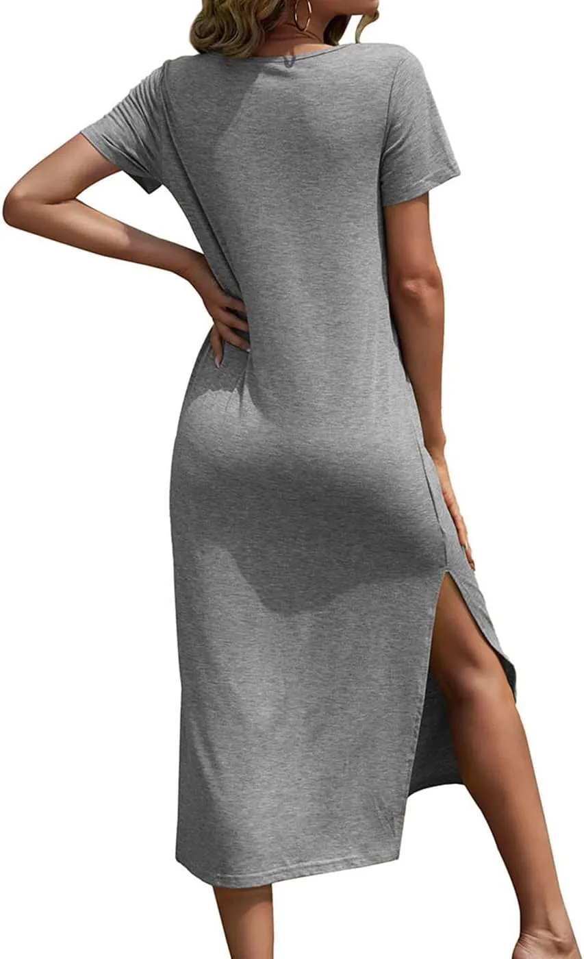 Dyexces Women Summer T Shirt Dress Casual Short Sleeve V Neck Maxi Dresses Loose Side Slit Long Tshirt Dress with Pockets