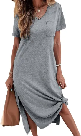 Dyexces Women Summer T Shirt Dress Casual Short Sleeve V Neck Maxi Dresses Loose Side Slit Long Tshirt Dress with Pockets