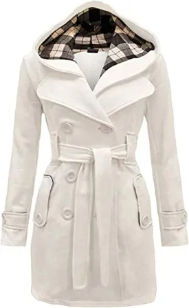 FLITAY Womens Trench Plus Size Casual Pea coat with Belt Hooded Checkered Double Breasted Coat