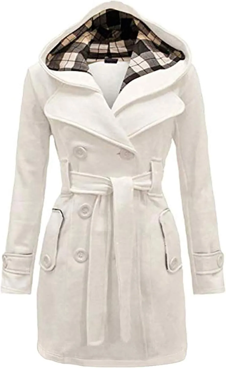FLITAY Womens Trench Plus Size Casual Pea coat with Belt Hooded Checkered Double Breasted Coat