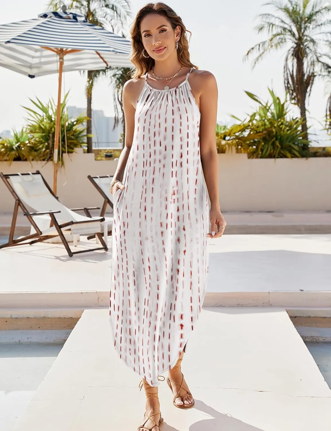 Halife Womens Summer Dresses Casual Loose Halter Long Sundress Sleeveless Split Maxi Beach Dress with Pockets