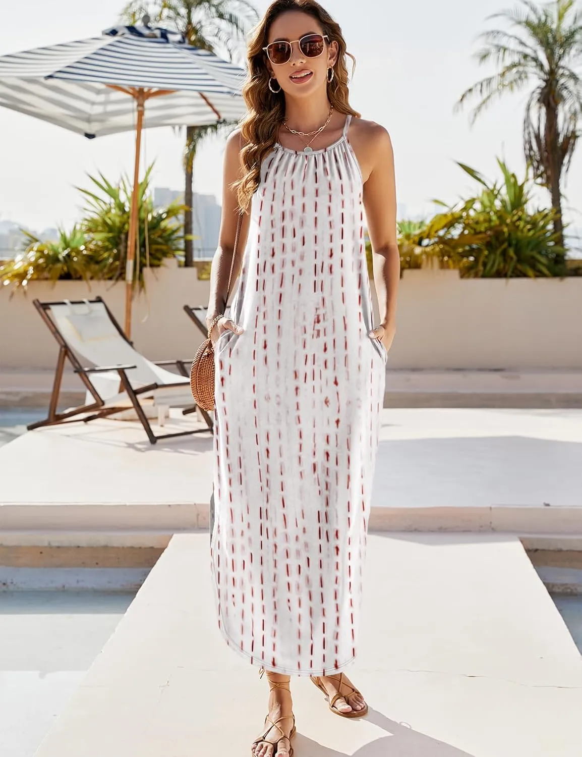 Halife Womens Summer Dresses Casual Loose Halter Long Sundress Sleeveless Split Maxi Beach Dress with Pockets