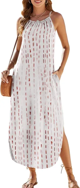 Halife Womens Summer Dresses Casual Loose Halter Long Sundress Sleeveless Split Maxi Beach Dress with Pockets