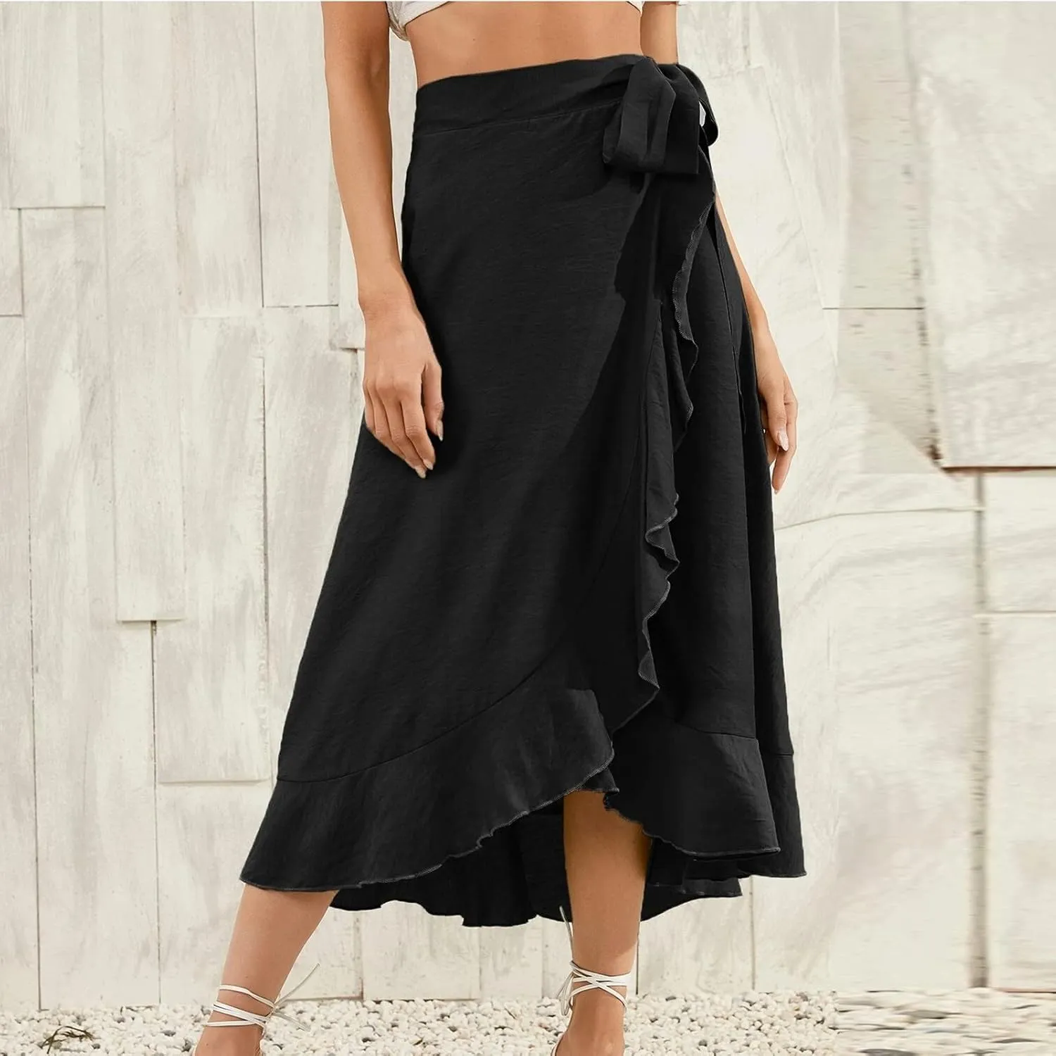 HGps8w Women's Irregular Ruffle Pants, High Waist Bow Tie Casual Maxi Long Palazzo Overlay Culottes Skirts Trousers