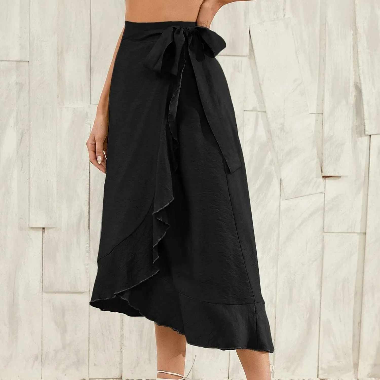 HGps8w Women's Irregular Ruffle Pants, High Waist Bow Tie Casual Maxi Long Palazzo Overlay Culottes Skirts Trousers