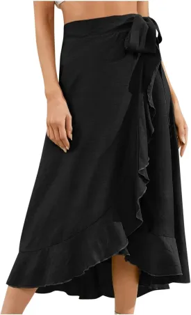 HGps8w Women's Irregular Ruffle Pants, High Waist Bow Tie Casual Maxi Long Palazzo Overlay Culottes Skirts Trousers