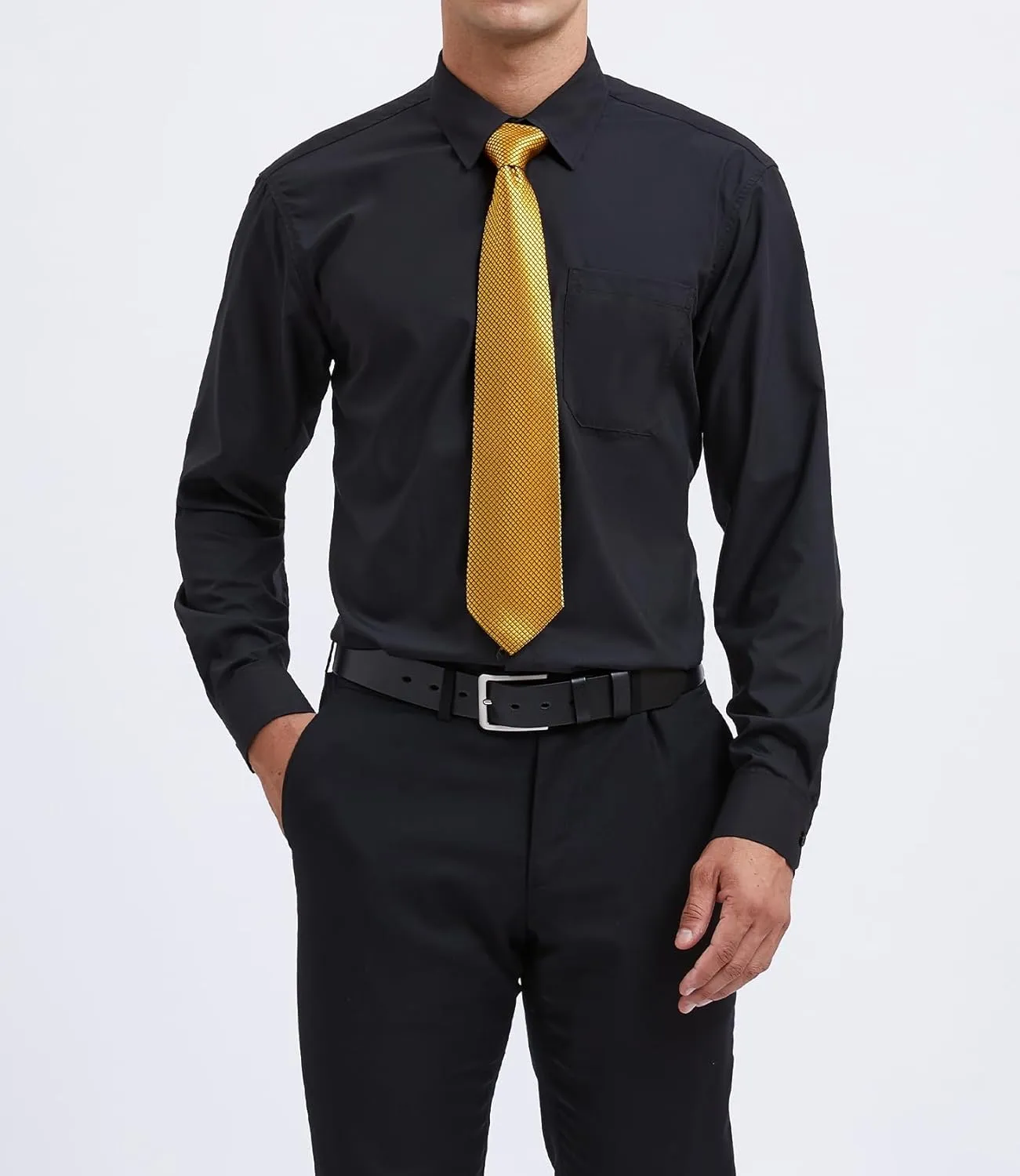 HISDERN Mens Dress Shirt with Tie Pocket Square Set Classic Button Down Shirt Matching Tie Long Sleeve Shirts