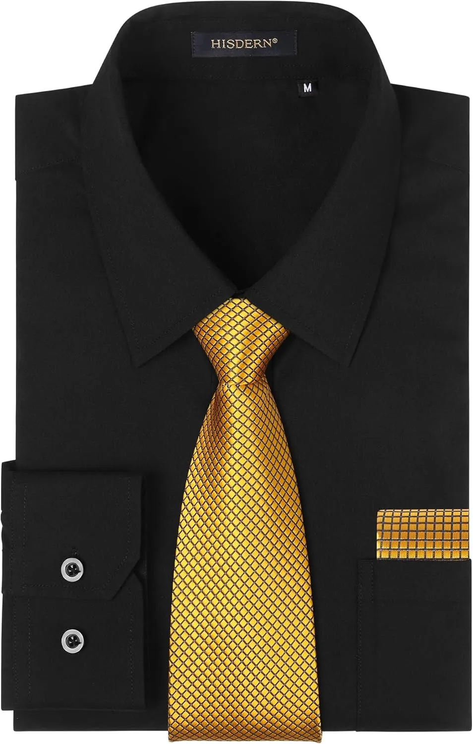HISDERN Mens Dress Shirt with Tie Pocket Square Set Classic Button Down Shirt Matching Tie Long Sleeve Shirts