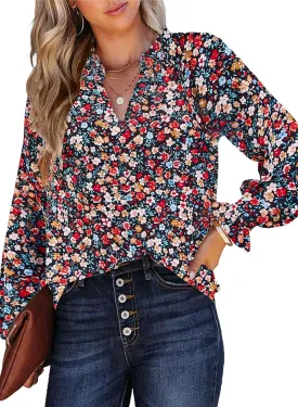 HOTOUCH Women Bohemian V Neck Floral Print Smocked Long Sleeve Casual Tops Chiffon Blouses Boho Shirts
