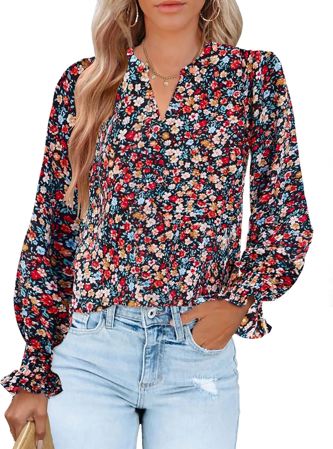 HOTOUCH Women Bohemian V Neck Floral Print Smocked Long Sleeve Casual Tops Chiffon Blouses Boho Shirts