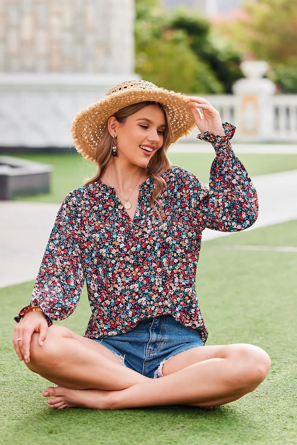HOTOUCH Women Bohemian V Neck Floral Print Smocked Long Sleeve Casual Tops Chiffon Blouses Boho Shirts