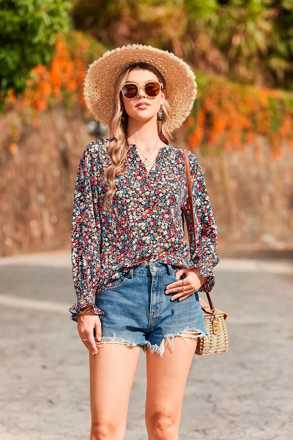 HOTOUCH Women Bohemian V Neck Floral Print Smocked Long Sleeve Casual Tops Chiffon Blouses Boho Shirts