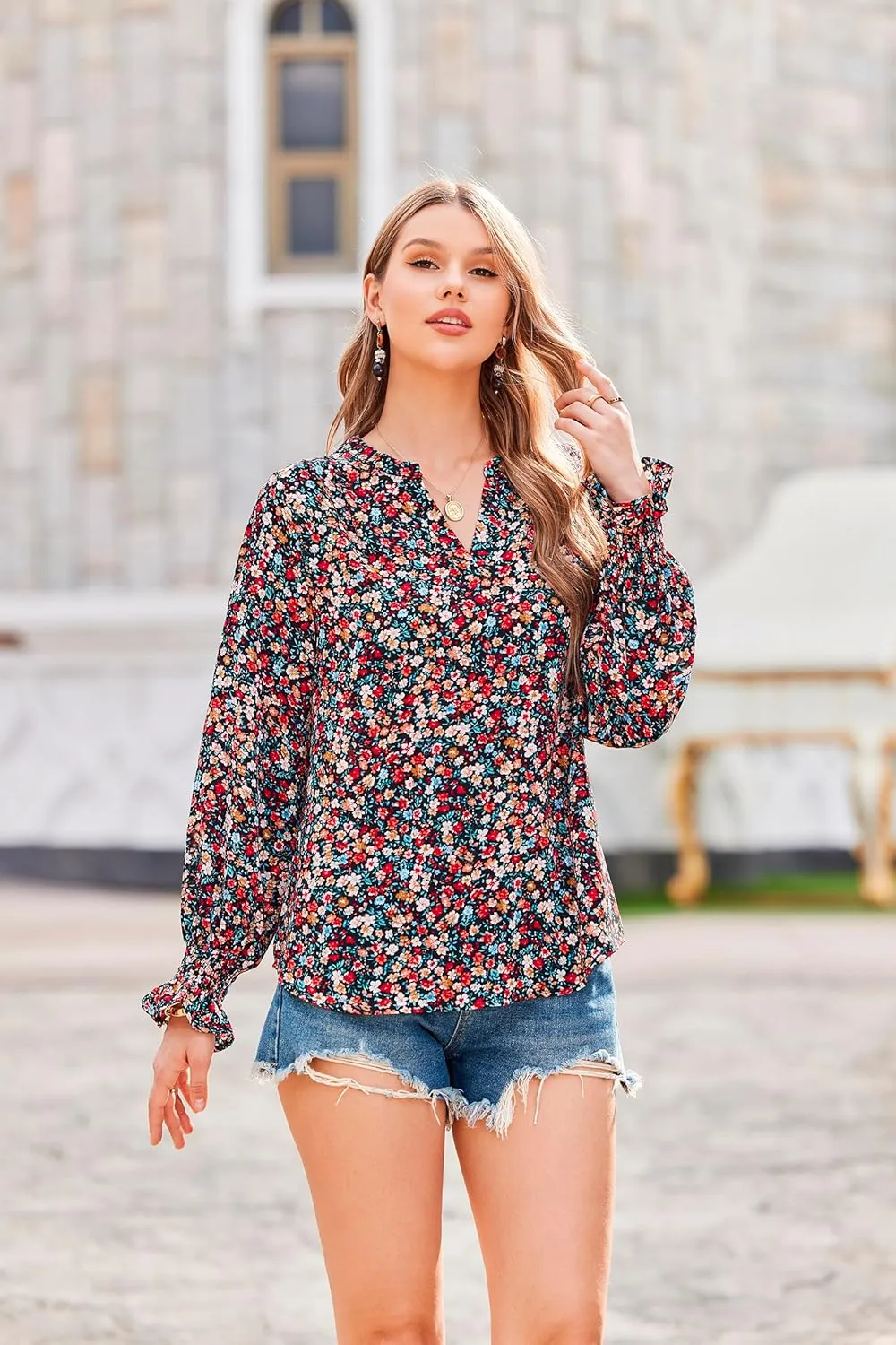 HOTOUCH Women Bohemian V Neck Floral Print Smocked Long Sleeve Casual Tops Chiffon Blouses Boho Shirts