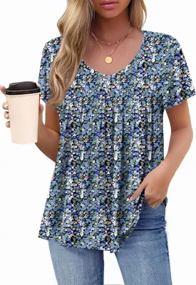 HOTOUCH Womens Short Sleeve Tunic Tops V Neck Loose Fit Ruffle Sleeve Shirts Summer Floral Dressy Casual Boho Blouses