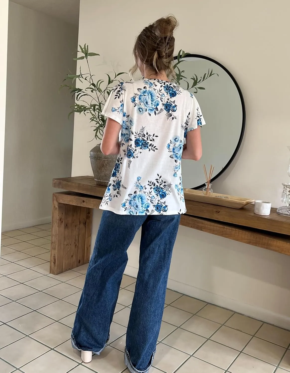 HOTOUCH Womens Short Sleeve Tunic Tops V Neck Loose Fit Ruffle Sleeve Shirts Summer Floral Dressy Casual Boho Blouses