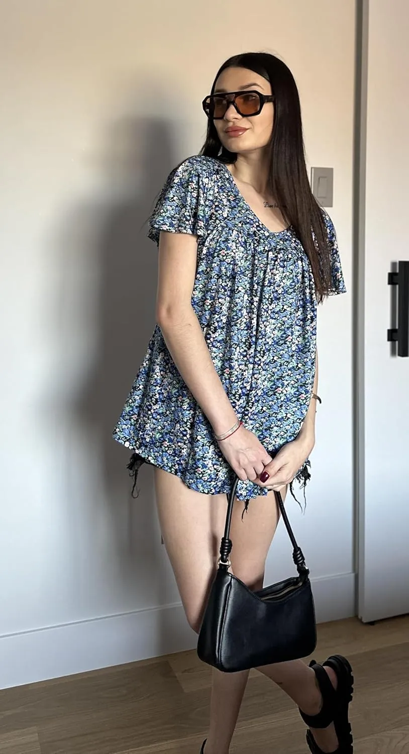 HOTOUCH Womens Short Sleeve Tunic Tops V Neck Loose Fit Ruffle Sleeve Shirts Summer Floral Dressy Casual Boho Blouses