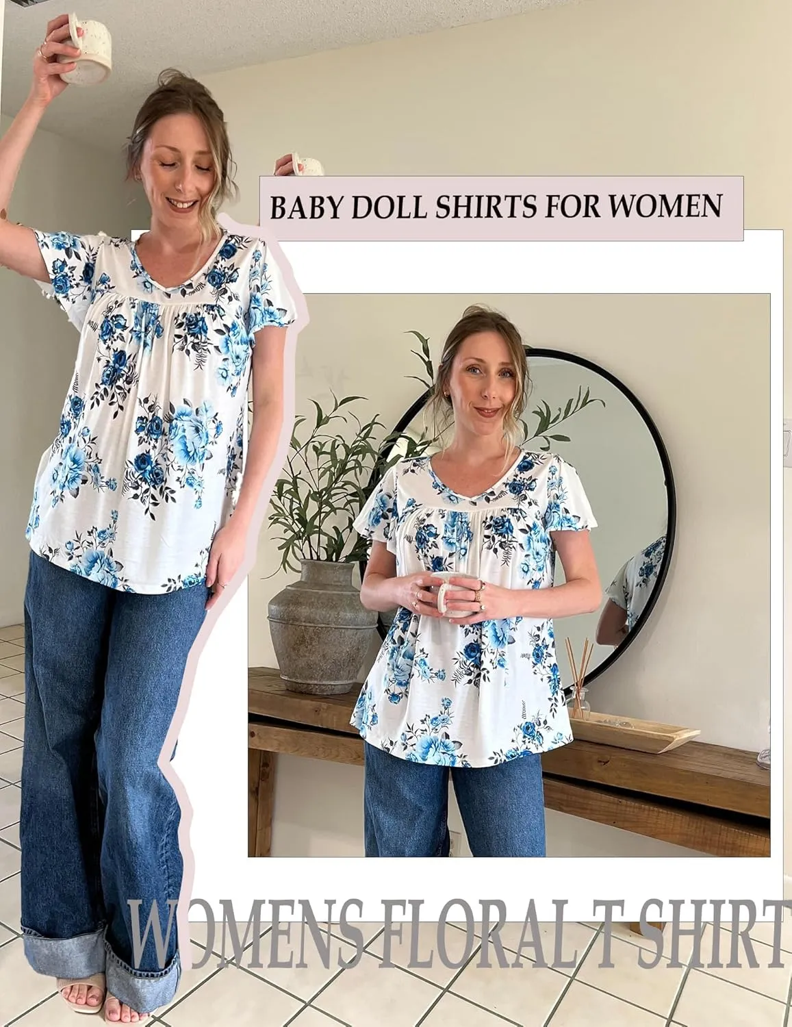 HOTOUCH Womens Short Sleeve Tunic Tops V Neck Loose Fit Ruffle Sleeve Shirts Summer Floral Dressy Casual Boho Blouses