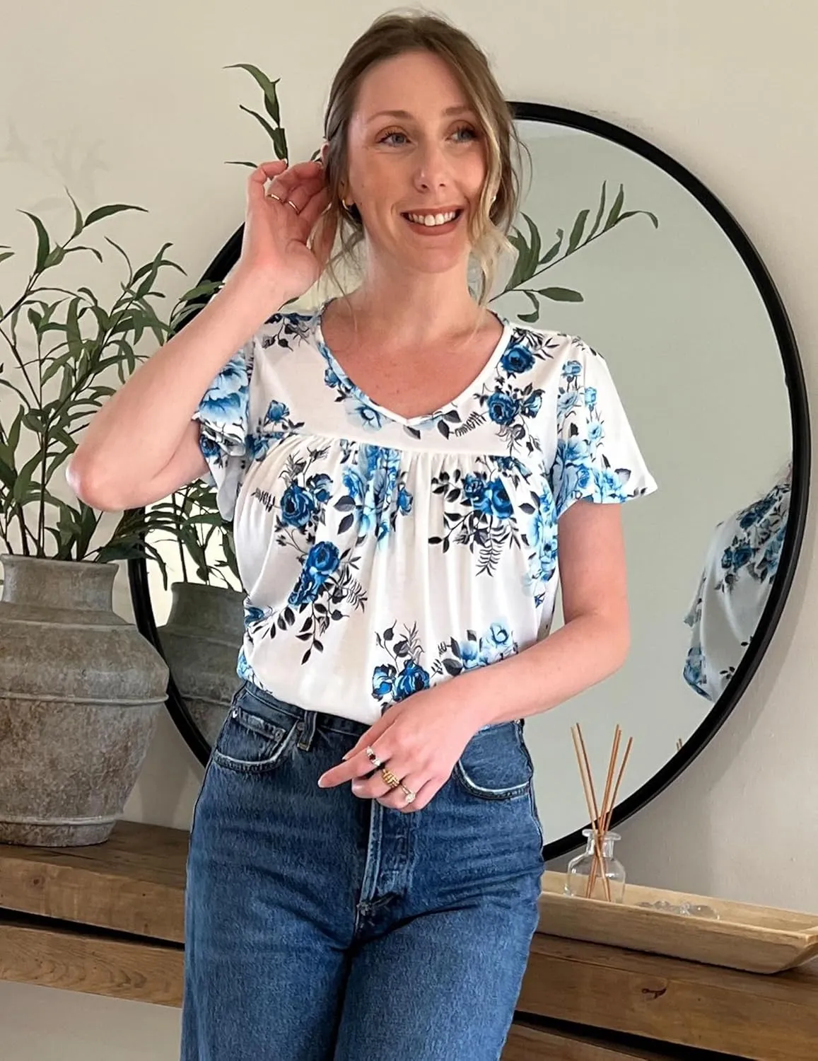HOTOUCH Womens Short Sleeve Tunic Tops V Neck Loose Fit Ruffle Sleeve Shirts Summer Floral Dressy Casual Boho Blouses
