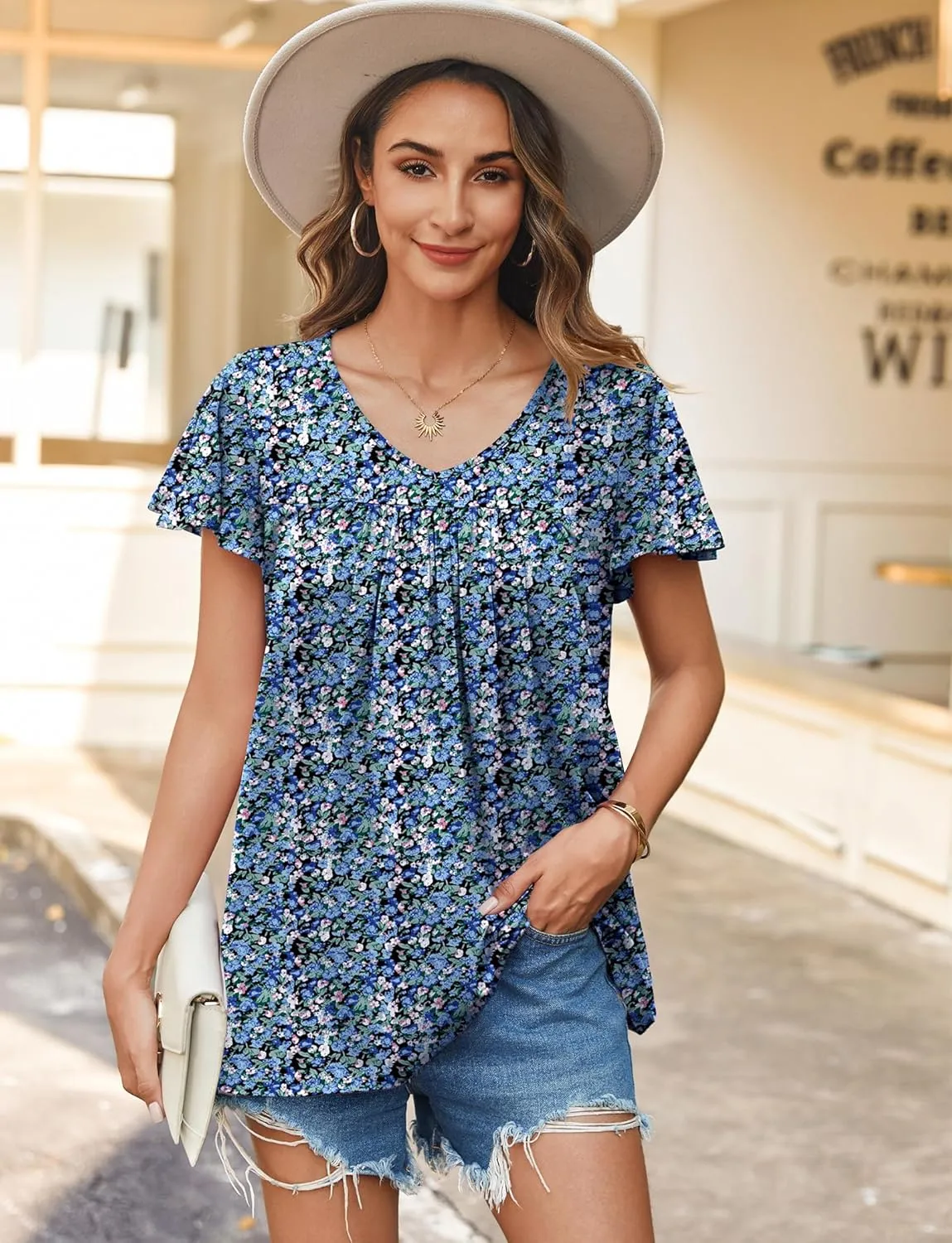 HOTOUCH Womens Short Sleeve Tunic Tops V Neck Loose Fit Ruffle Sleeve Shirts Summer Floral Dressy Casual Boho Blouses