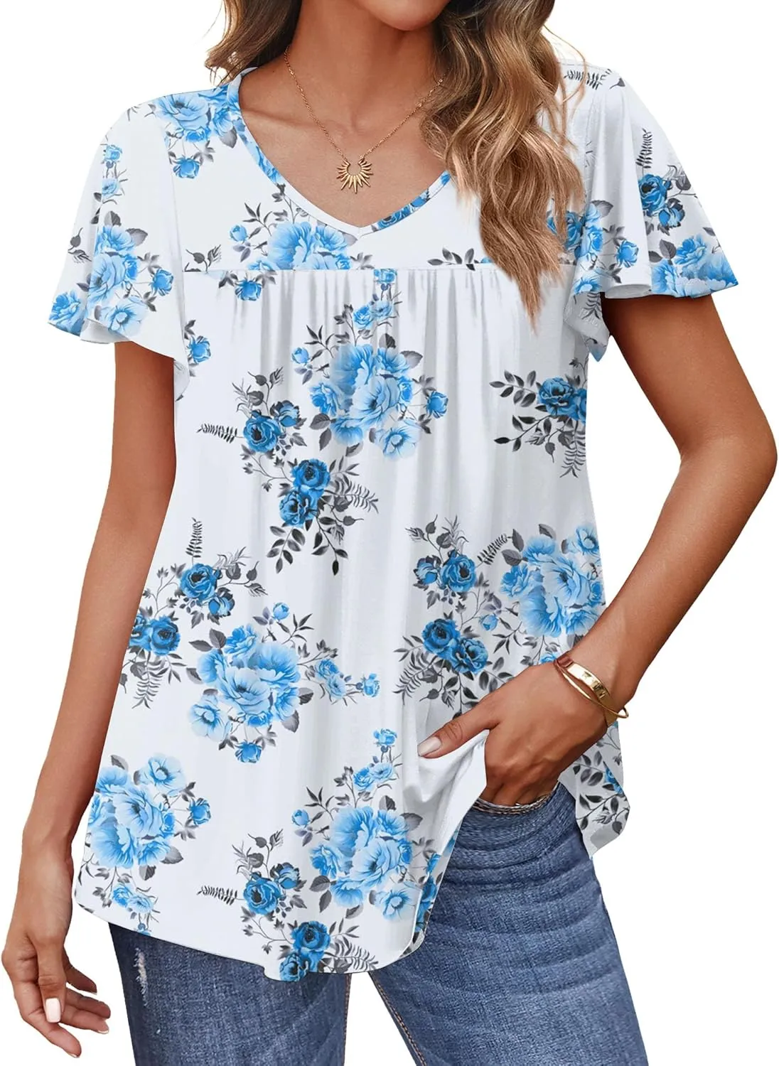 HOTOUCH Womens Short Sleeve Tunic Tops V Neck Loose Fit Ruffle Sleeve Shirts Summer Floral Dressy Casual Boho Blouses