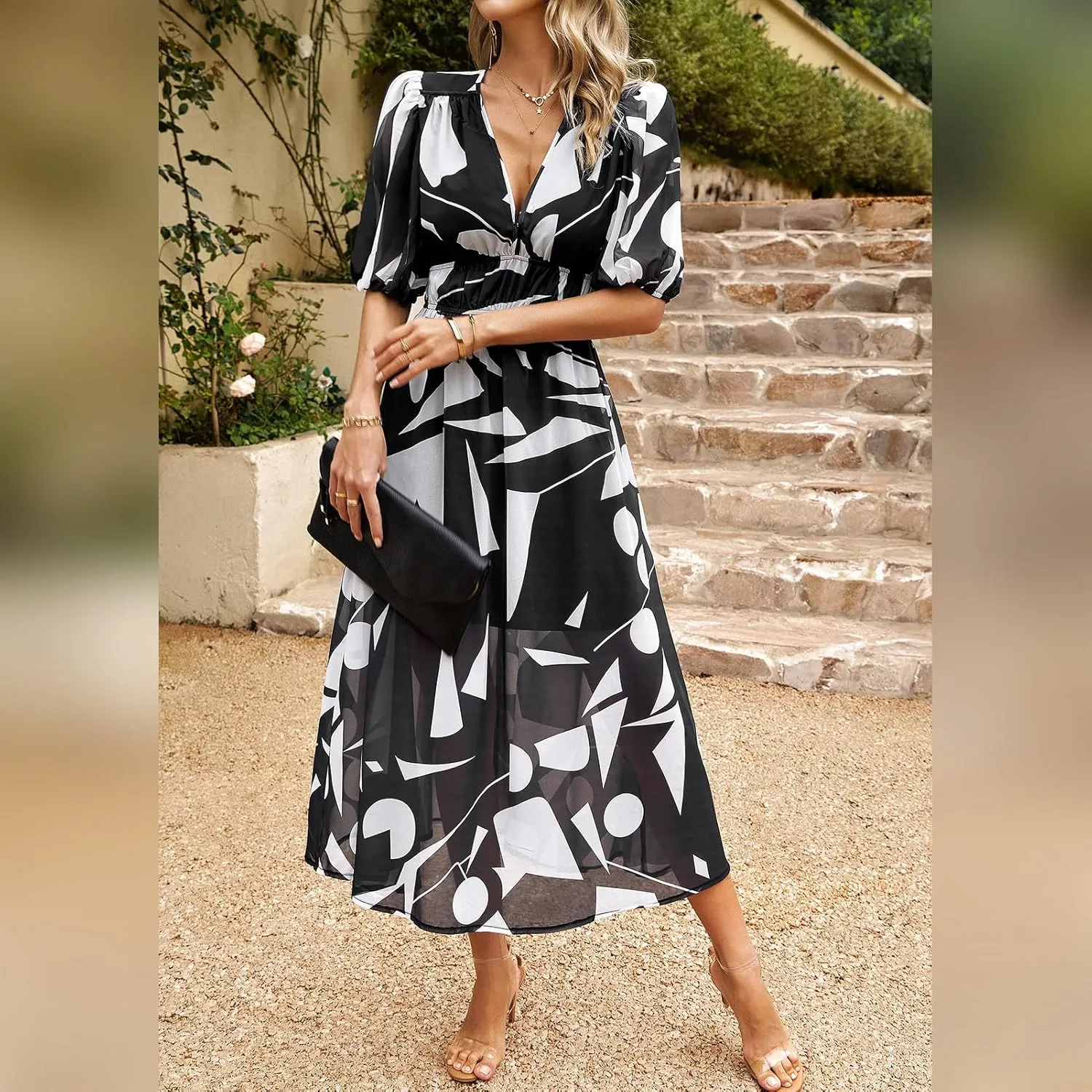 IDOPIP Women Elegant Floral Print Midi Dress Empire Waist Chiffon Dress Summer Boho Flowy Sundress Casual Ruffle Maxi Dress
