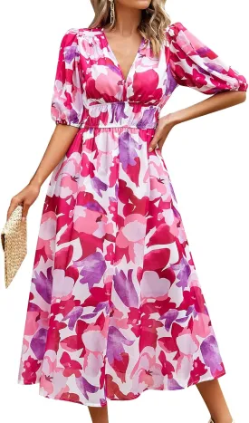 IDOPIP Women Elegant Floral Print Midi Dress Empire Waist Chiffon Dress Summer Boho Flowy Sundress Casual Ruffle Maxi Dress