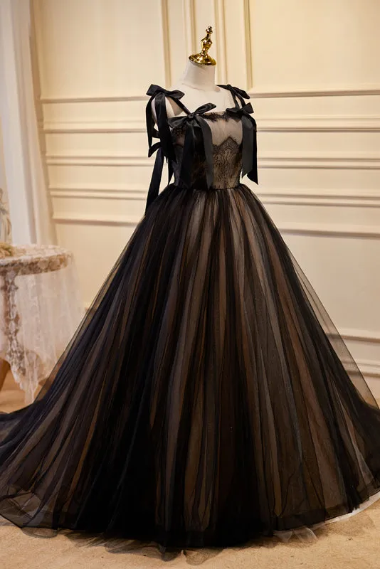kamahe Black Sleeveless Ball Gown Tulle Long Prom Dresses
