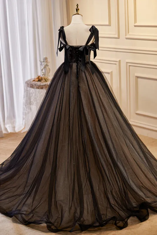 kamahe Black Sleeveless Ball Gown Tulle Long Prom Dresses