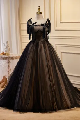 kamahe Black Sleeveless Ball Gown Tulle Long Prom Dresses
