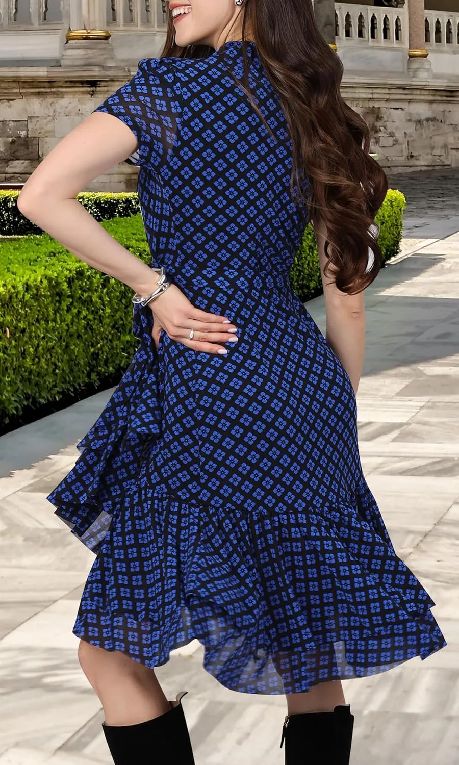 KOH KOH Womens 2025 Short Sleeve Wrap Ruffled Wedding Guest Print Mini Dress