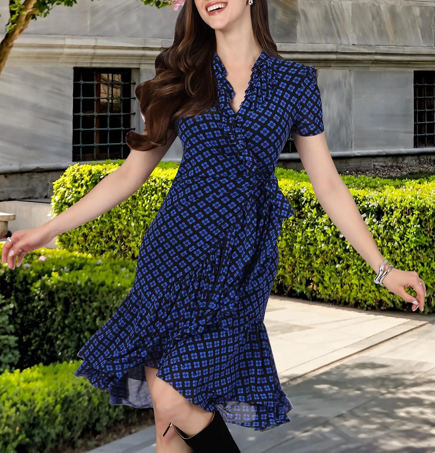 KOH KOH Womens 2025 Short Sleeve Wrap Ruffled Wedding Guest Print Mini Dress