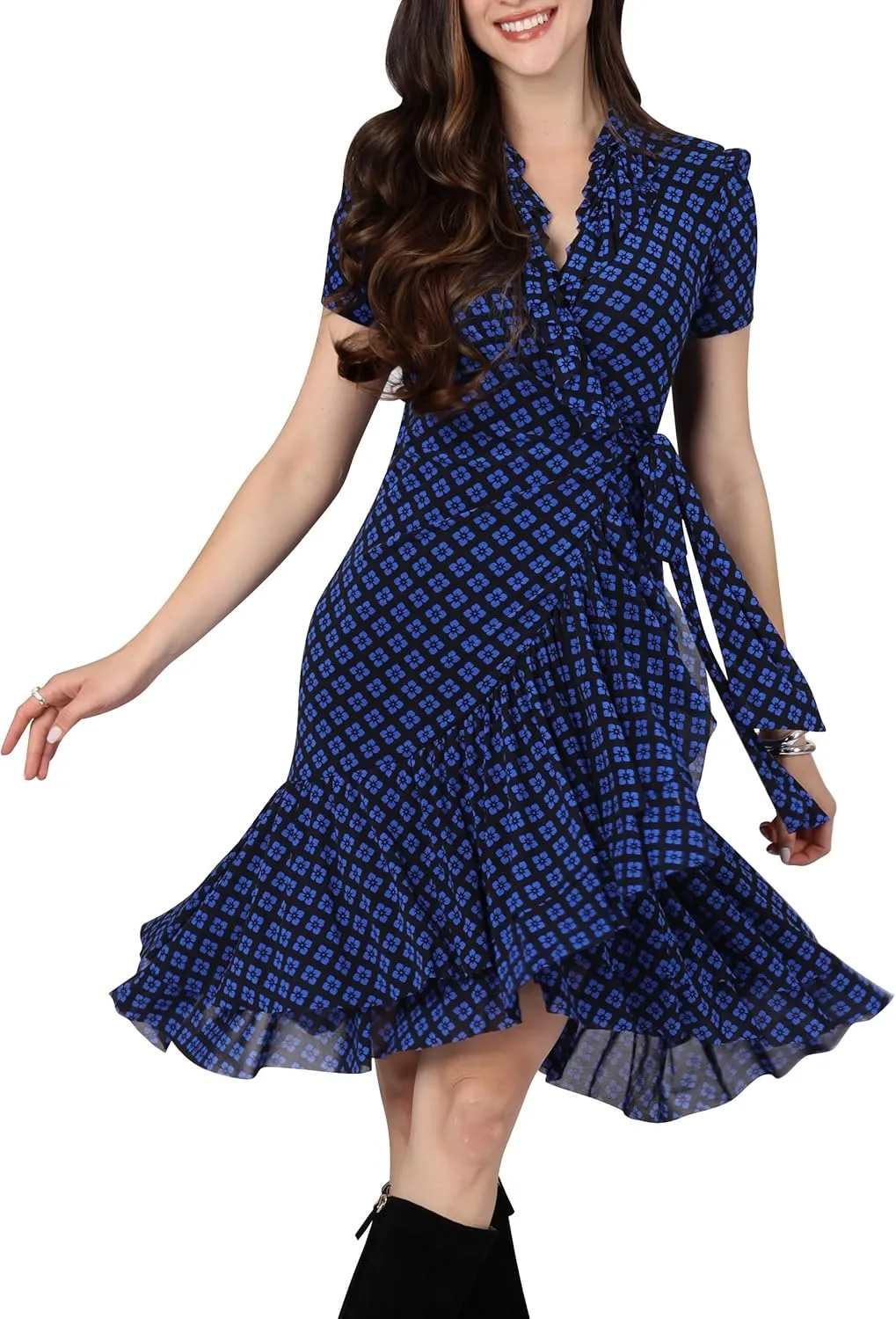 KOH KOH Womens 2025 Short Sleeve Wrap Ruffled Wedding Guest Print Mini Dress