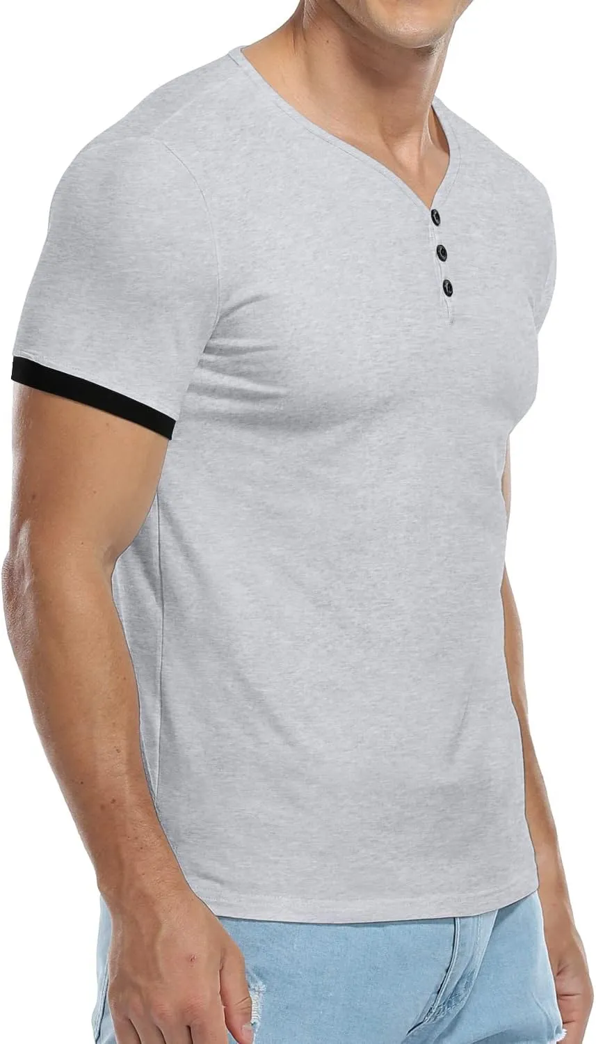 KUYIGO Men's Henley Shirts Short Long Sleeve Casual Summer Slim Fit Cotton Shirt