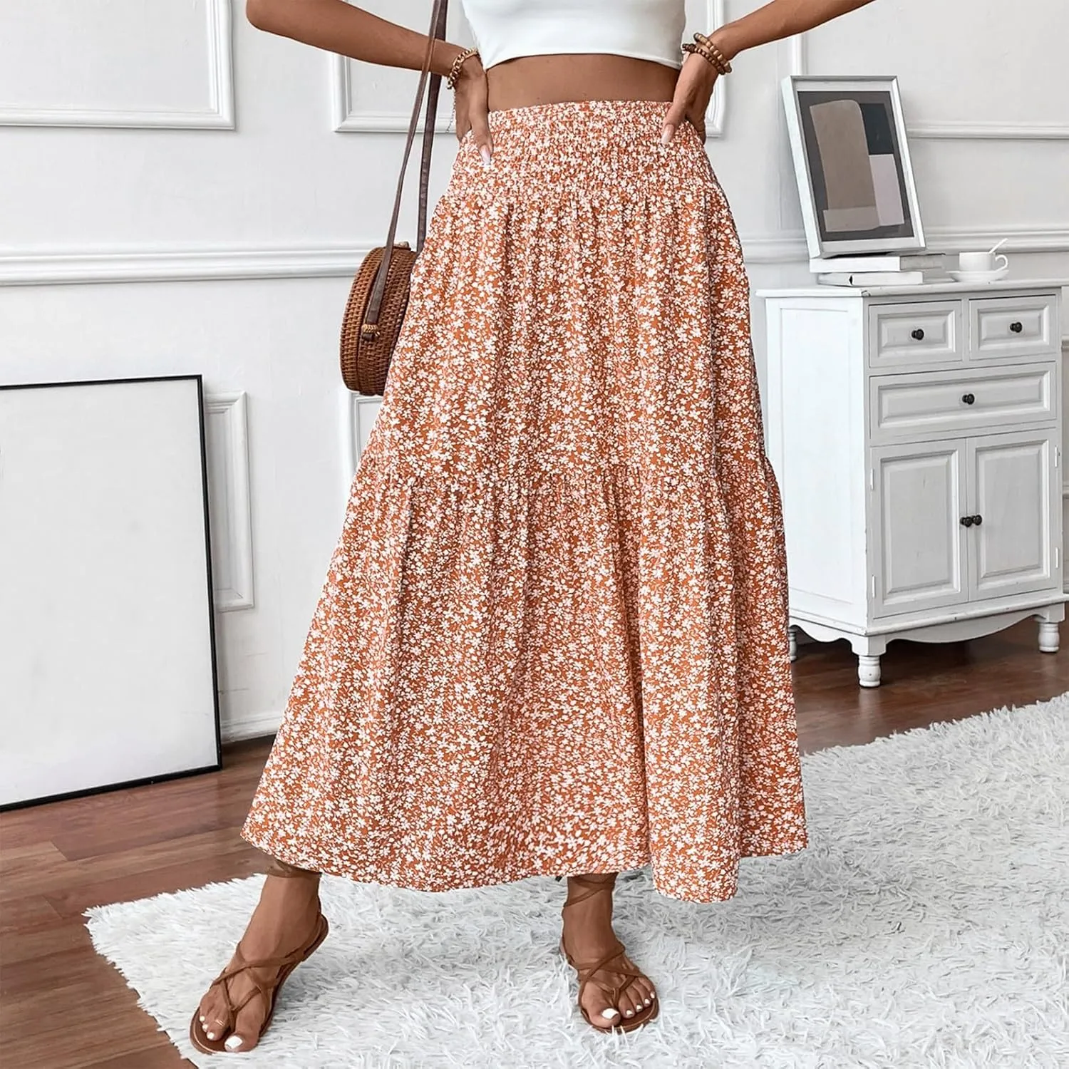Long Skirts for Women Trendy Elastic High Waist Maxi Skirt Fashion Boho Print Patchwork Pleated Loose Fit Midi Skirt