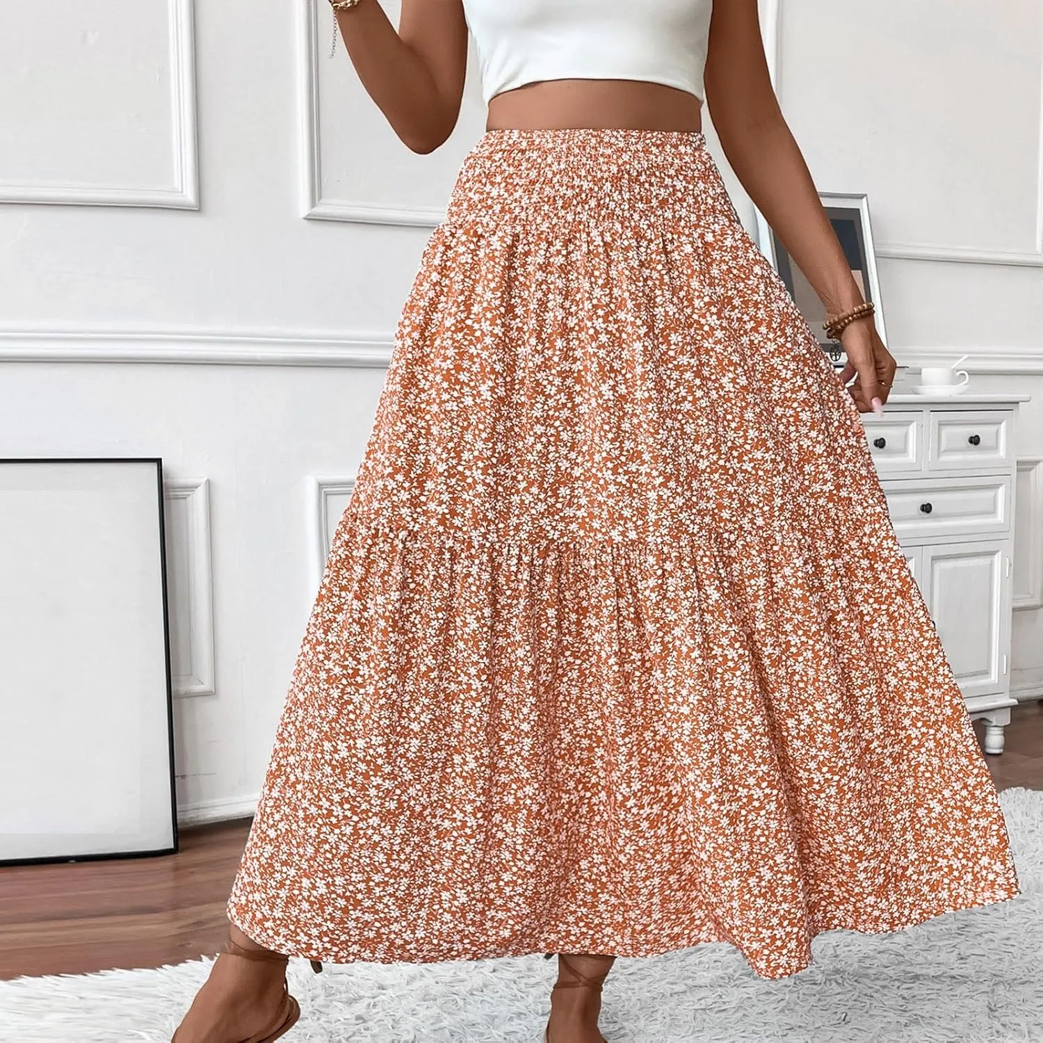 Long Skirts for Women Trendy Elastic High Waist Maxi Skirt Fashion Boho Print Patchwork Pleated Loose Fit Midi Skirt