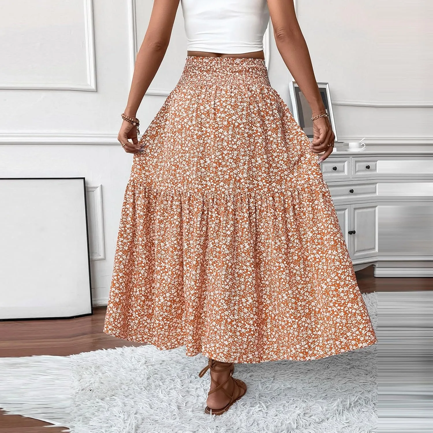Long Skirts for Women Trendy Elastic High Waist Maxi Skirt Fashion Boho Print Patchwork Pleated Loose Fit Midi Skirt