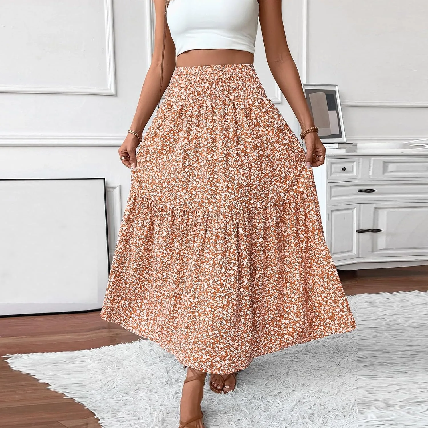 Long Skirts for Women Trendy Elastic High Waist Maxi Skirt Fashion Boho Print Patchwork Pleated Loose Fit Midi Skirt