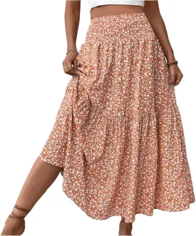 Long Skirts for Women Trendy Elastic High Waist Maxi Skirt Fashion Boho Print Patchwork Pleated Loose Fit Midi Skirt