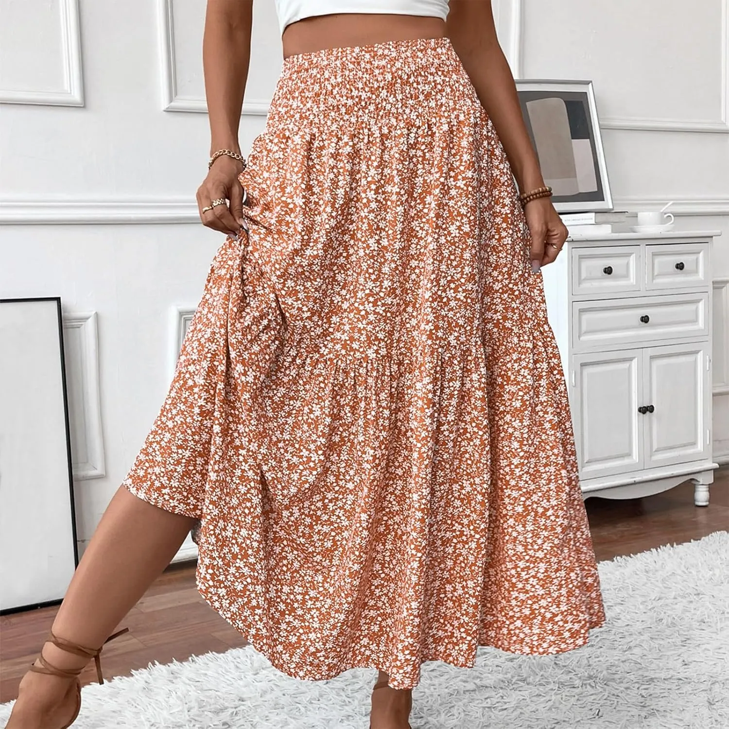 Long Skirts for Women Trendy Elastic High Waist Maxi Skirt Fashion Boho Print Patchwork Pleated Loose Fit Midi Skirt