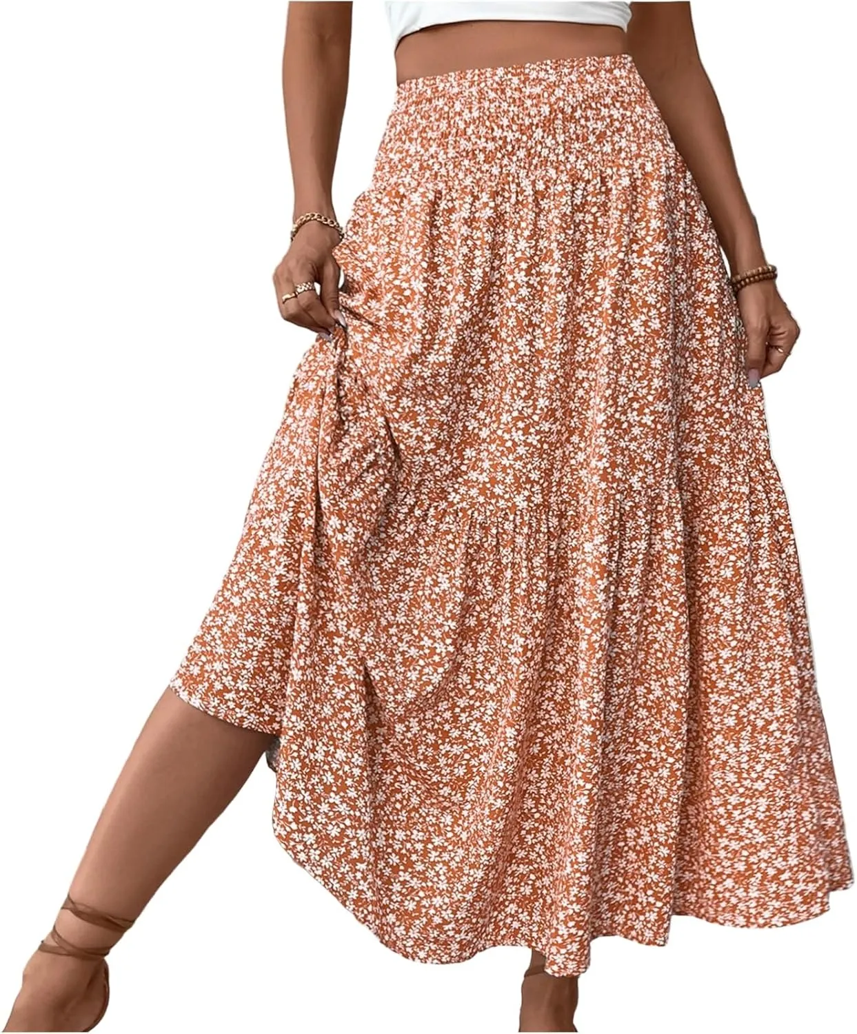 Long Skirts for Women Trendy Elastic High Waist Maxi Skirt Fashion Boho Print Patchwork Pleated Loose Fit Midi Skirt