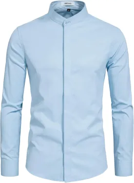Mens Banded Collar(Mandarin Collar) Long Sleeve Casual Solid Fancy Dress Shirts