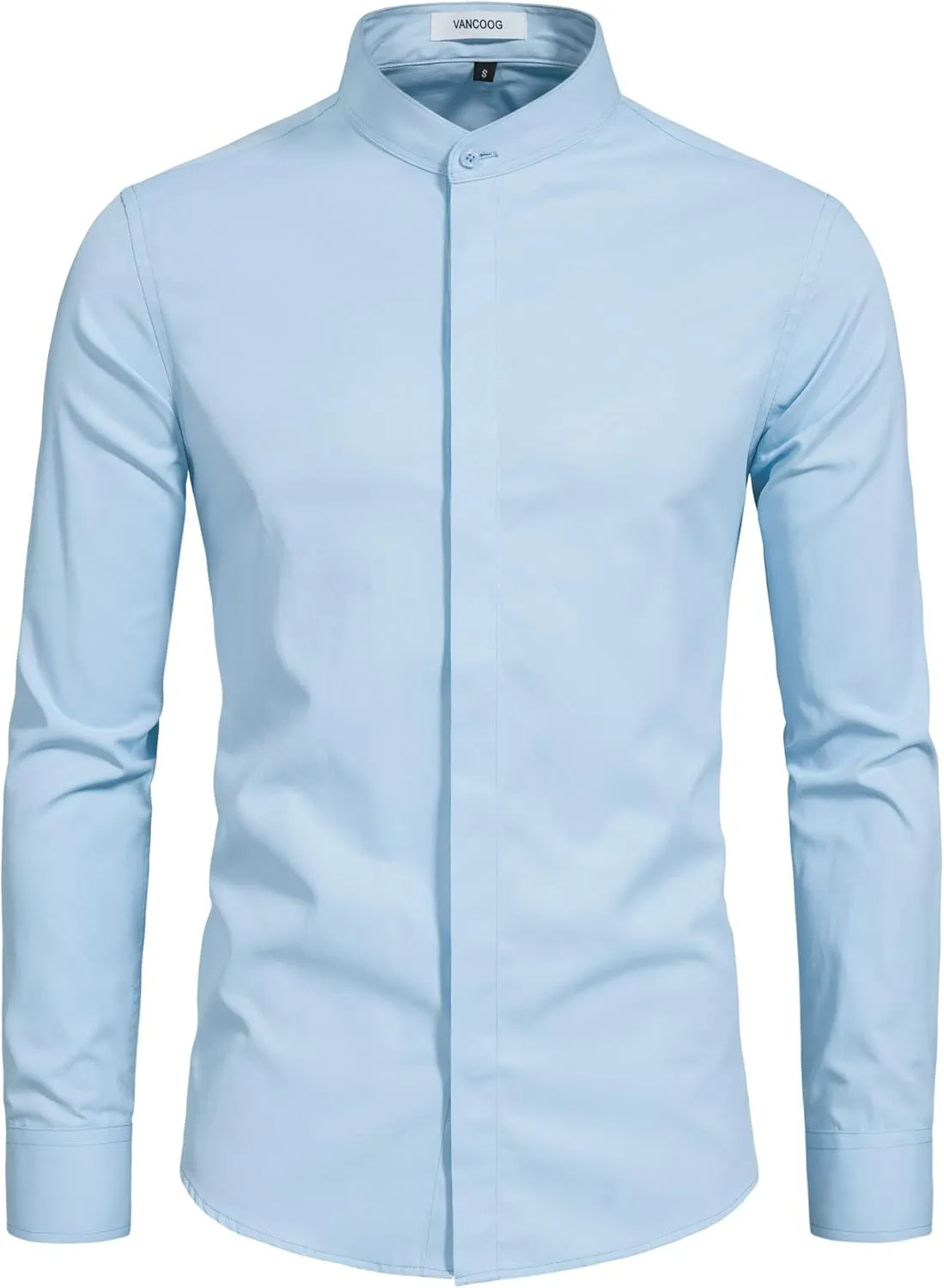 Mens Banded Collar(Mandarin Collar) Long Sleeve Casual Solid Fancy Dress Shirts