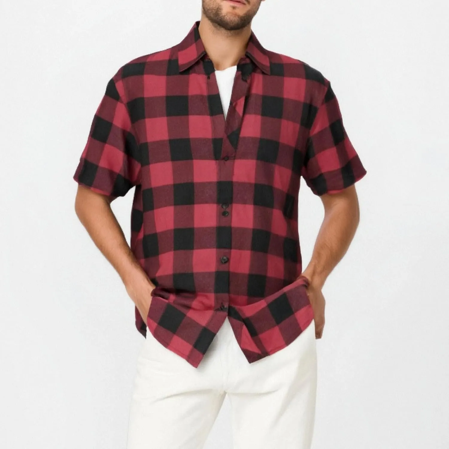 Mens Casual Checked Plaid Button Down T-Shirt Fashion Short Sleeve Work Travel Tops Lightweight Cotton Running Tops