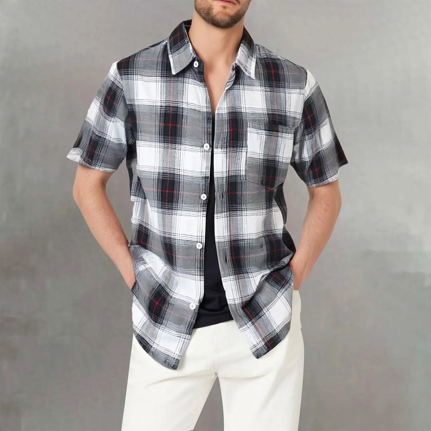 Mens Casual Checked Plaid Button Down T-Shirt Fashion Short Sleeve Work Travel Tops Lightweight Cotton Running Tops