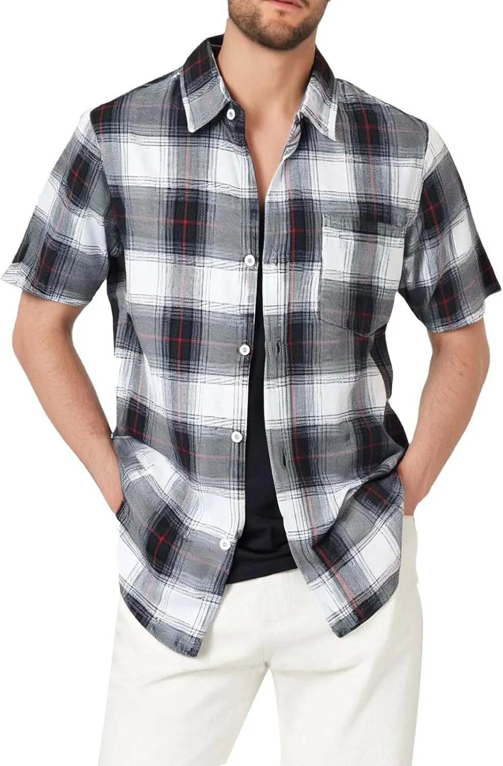 Mens Casual Checked Plaid Button Down T-Shirt Fashion Short Sleeve Work Travel Tops Lightweight Cotton Running Tops