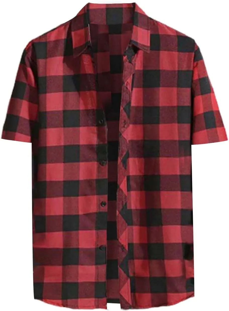 Mens Casual Checked Plaid Button Down T-Shirt Fashion Short Sleeve Work Travel Tops Lightweight Cotton Running Tops