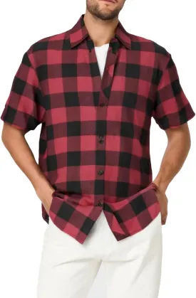 Mens Casual Checked Plaid Button Down T-Shirt Fashion Short Sleeve Work Travel Tops Lightweight Cotton Running Tops